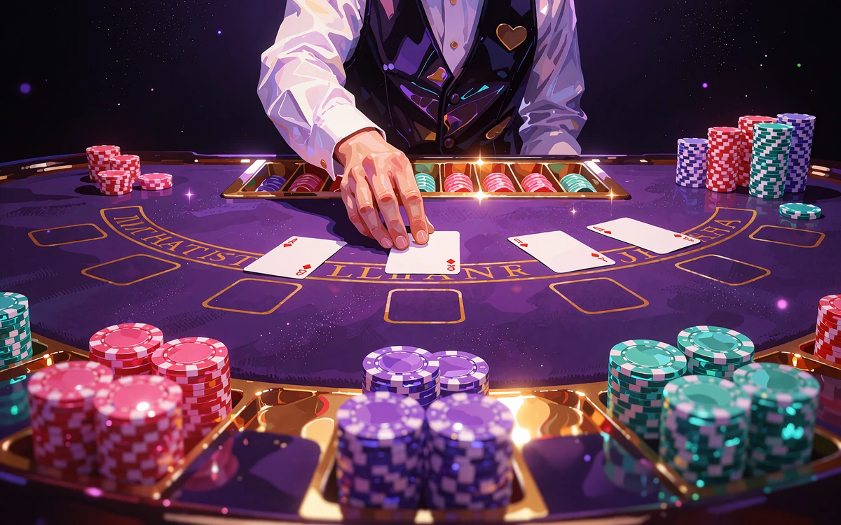 P&oacute;łokrągły st&oacute;ł do blackjacka z fioletowym suknem, krupierem i stosami żeton&oacute;w - blackjack w kasynie live