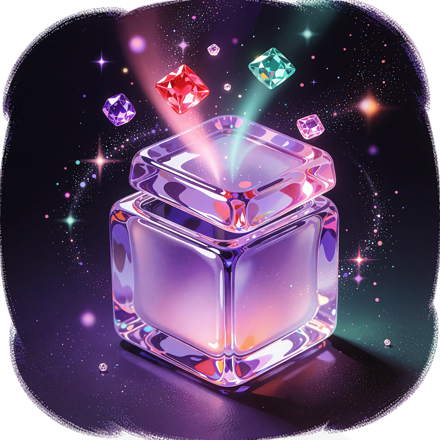 Sześcienna skrzynia z mlecznego fioletowego szkła z r&oacute;żową wstęgą i unoszącymi się cukierkami - loot box w Bonus Shop