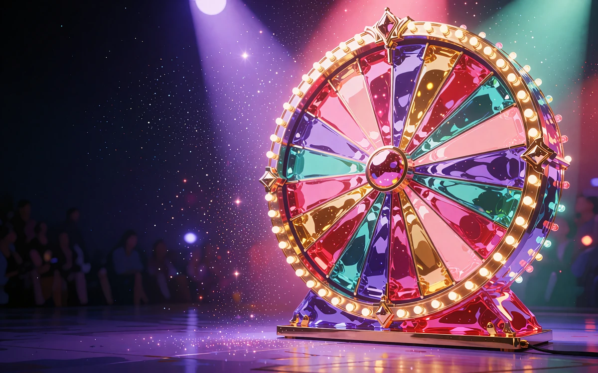 Duże koło fortuny na scenie z żar&oacute;wkami i kolorowymi polami - game show w kasynie live